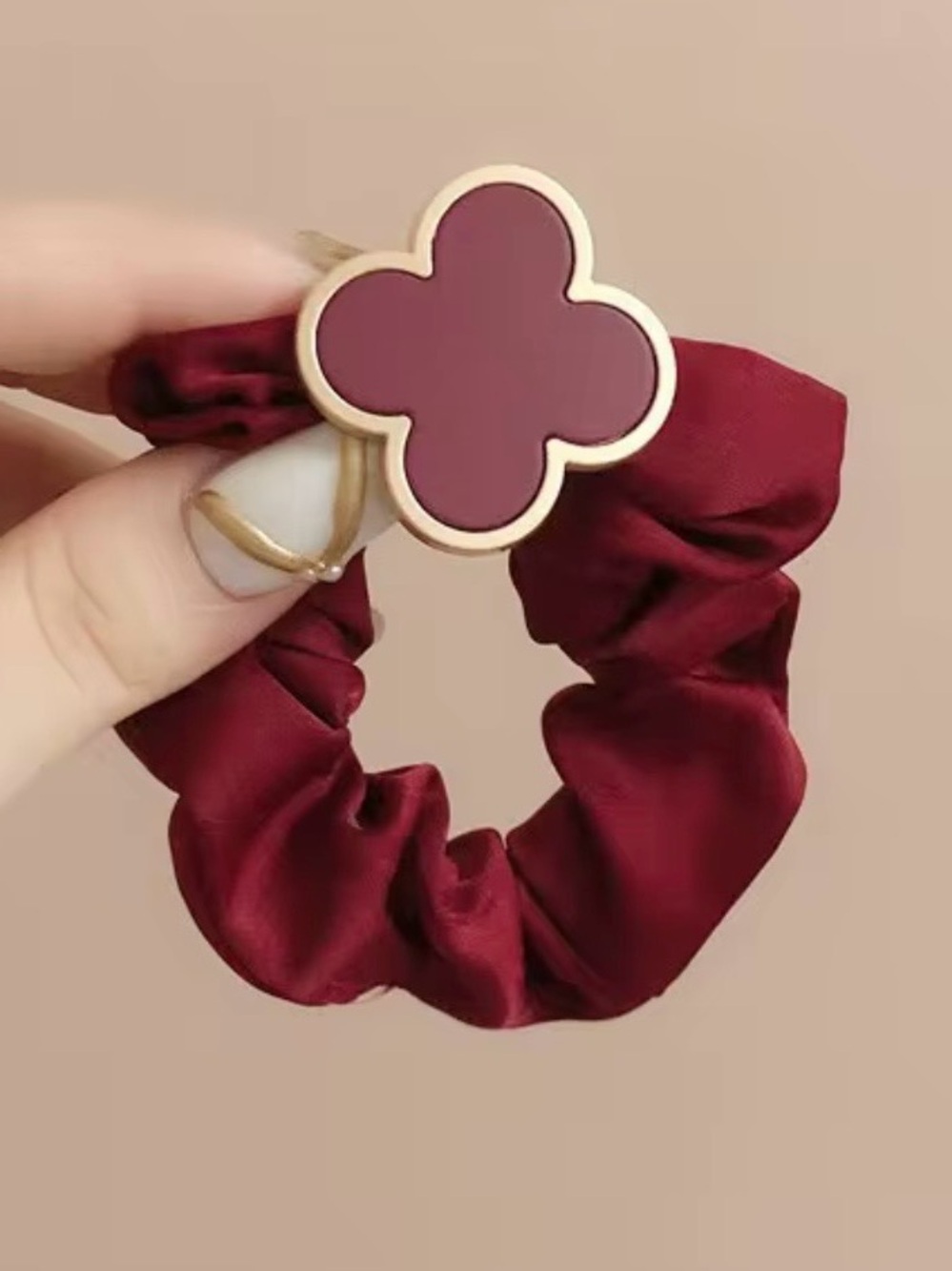 Macy's Maroon Satin Scrunchie with Gold-Trimmed Clover Accent